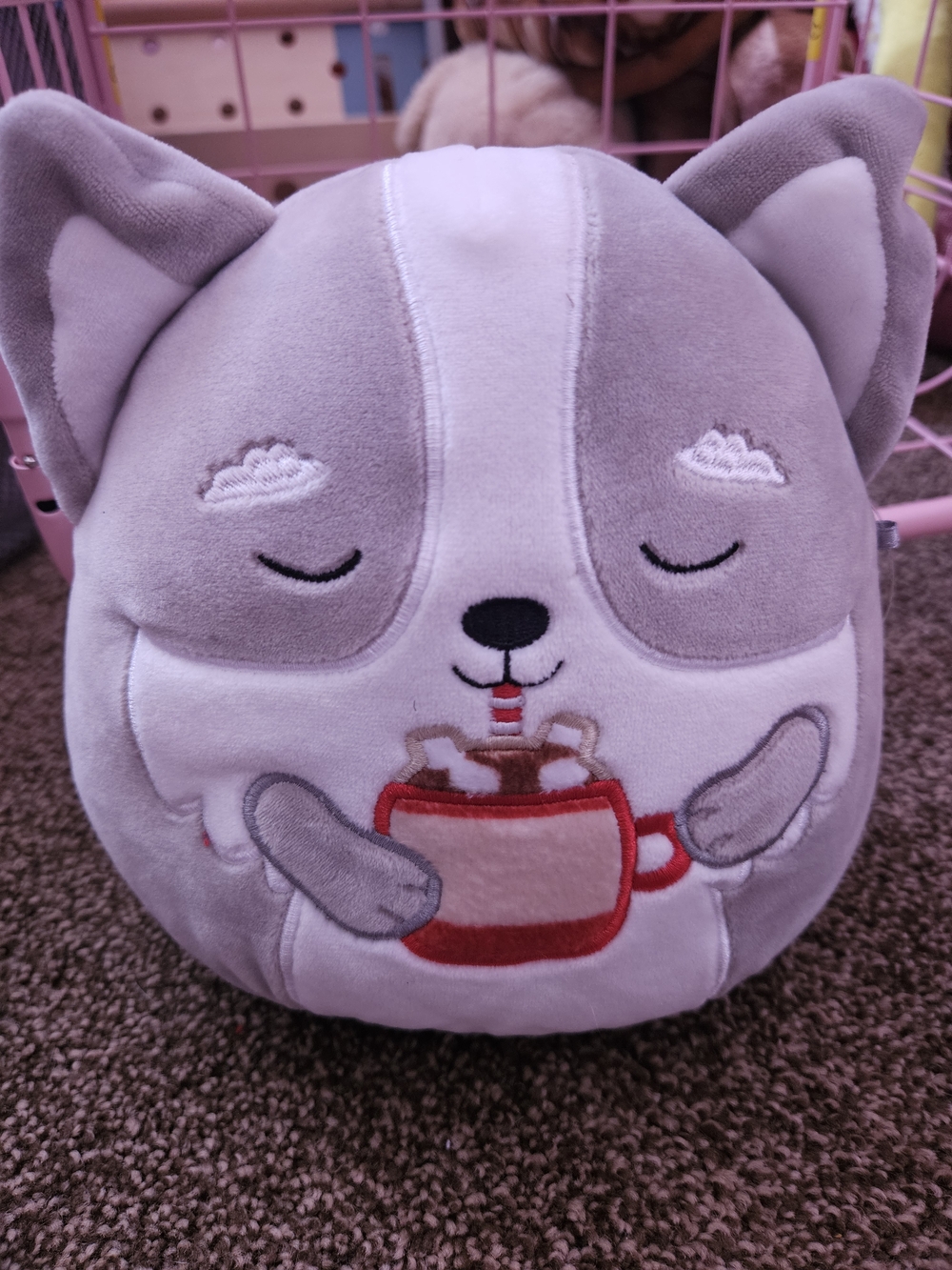 Gray & White Plush Squushmallow with Hot Cocoa Embroidery
